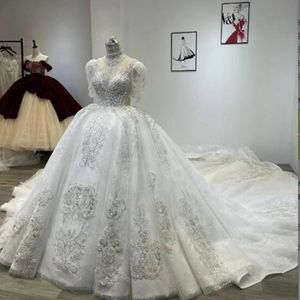 Elegante witte baljurk trouwjurken lange mouwen pailletten voor lange mouwen kralen satijn v-neck chic dubai custom gemaakte vestidos de novia