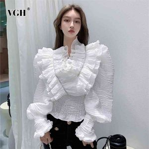 Elegante witte blouse voor vrouwen v-hals lange mouw patchwork ruche casual shirt vrouwelijke mode kleding lente 210531