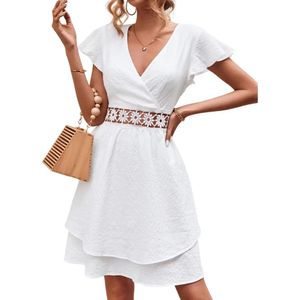 Elegante witte dop mouw mini -jurk contrast kanten gelaagd voor vrouwen 240418