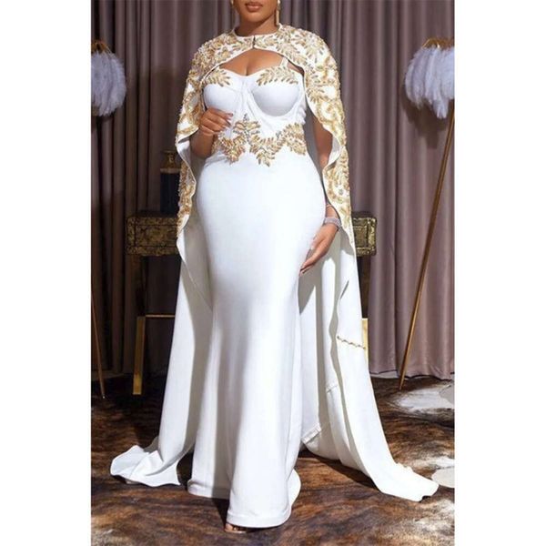 Elegant Blanc Evening Beded Arabe Dubai Satin corset sirène des robes d'événement formelles avec long cap Wrap Femmes Plus taille robes de bal Robe de Sheriee 2022