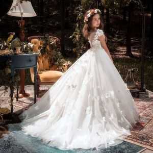 Élégants robes de fille de fleur blanche pour mariage en tulle papillon 3d applique pour enfants anniversaire concours de concours
