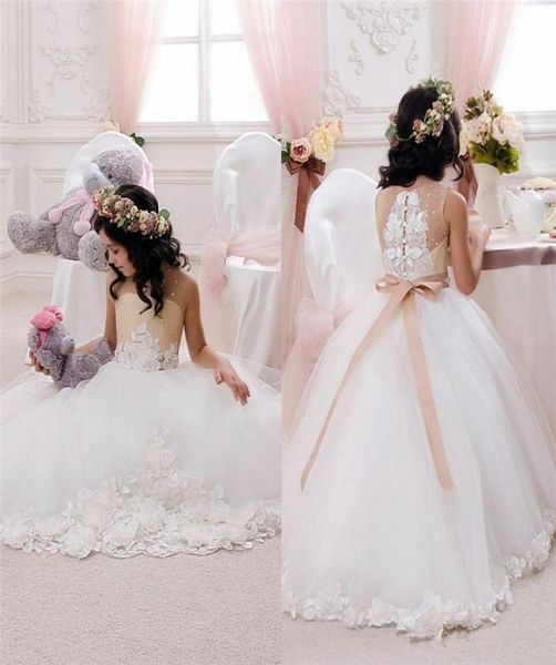 Vestidos elegantes de flores blancas para niña, lindos vestidos de primera comunión hechos a mano para niñas con flores, vestido de desfile para niñas con cuentas 3288038