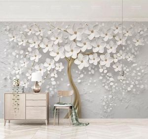 Elegant White Flower Wallpaper Bijoux de luxe 3d Mur personnalisé peinture murale pour la chambre de mariage TV HAED CHAMBRE LI6605971