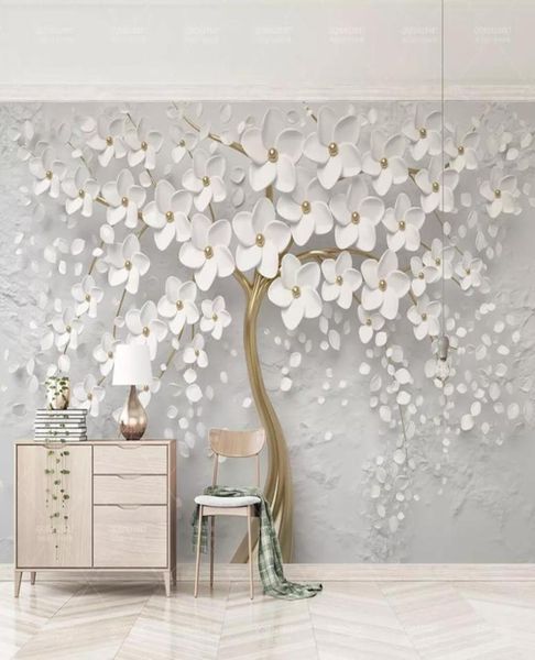 Fondo de pantalla de flores blancas elegantes joyas de lujo 3d Pintura de pared de pared personalizada para la sala de bodas Tal de fondo Techo Li8436626