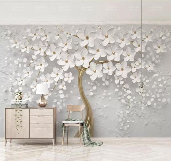 Elegant White Flower Wallpaper Bijoux de luxe 3d Mur personnalisé peinture murale pour la chambre de mariage TV HAED CHAMBRE LI6605971