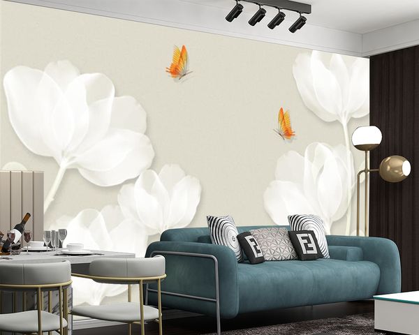 Papel tapiz de decoración para el hogar con flores blancas elegantes, hermoso mural moderno para sala de estar, impresión Digital 3d, pintura clásica, papeles tapiz