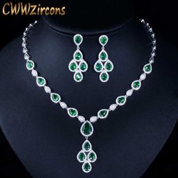 Elegant Wit Goud Kleur Groen Water Drop Cubic Zirconia Crystal Big Wedding Necklace Earring Set voor Bruiden T285 210714