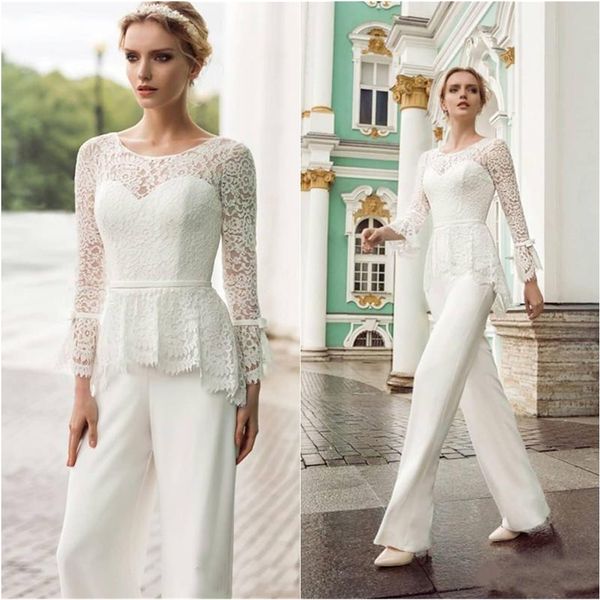 Elegante mono blanco Vestidos de noche Mangas largas de encaje Gasa Vestidos para ocasiones especiales Cuello joya Pantalones de mujer Trajes Vestido de fiesta 2021