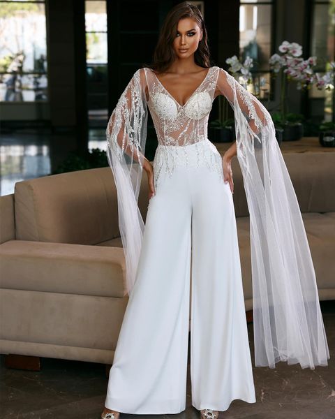 Combinaisons blanches élégantes robes de soirée col en V paillettes perlées à manches longues robe de bal personnalisé femmes robes de soirée
