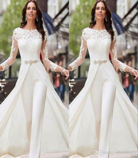 Combinaisons blanches élégantes pantalons robes de mariée à manches longues en dentelle satin avec jupes perles cristaux robes de mariée robes de novia1469979