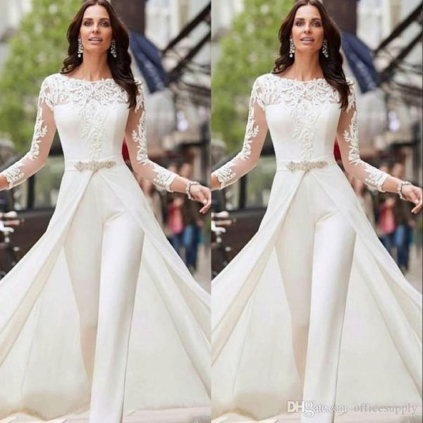 Elegant White Jumps Curchs Pants Robes de mariée Satin de dentelle à manches longues avec des billes de surchauts Crystals Bridal Vestidos de Novia 324U