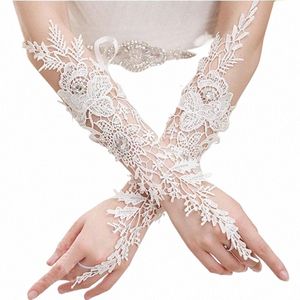 Elegante witte kant LG -bruiloftshandschoenen voor bruid kristal fingerl elleboog LG bruidshandschoenen vrouwen bruiloft