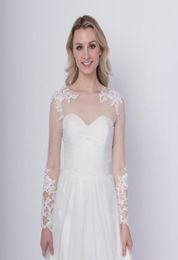 Élégant blanc dentelle manches longues mariage boléro Wrap Appliques sur mesure pas cher veste de mariée Cape bijou Neck8426968