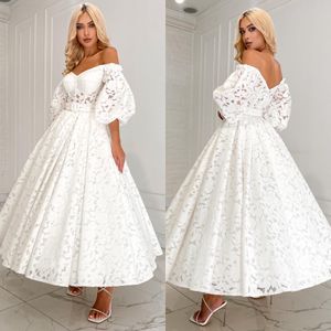 Elegant wit kanten prom jurkt een lijn off schouderavondjurk enkel lengte backless halve mouwen formele lange speciale ocn feestjurk