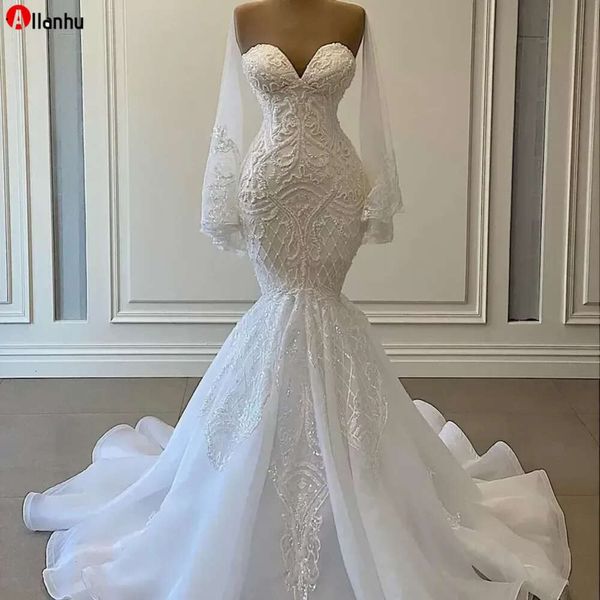 Vestidos De novia elegantes De sirena blanca, vestidos De novia con cuentas, Apliques De encaje, vestido De matrimonio árabe nigeriano, bata De Mariee Bfg