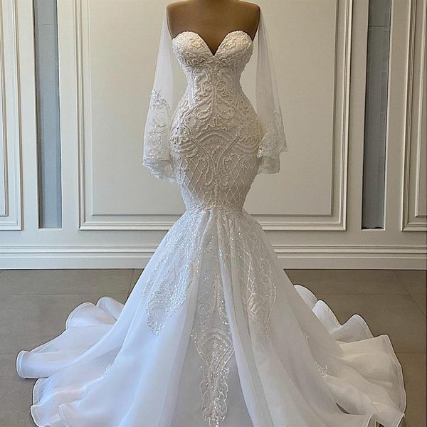 Elegantes vestidos De novia De sirena blanca, vestidos De novia, cuentas, apliques De encaje, vestido De matrimonio árabe nigeriano, bata De Mariee177F