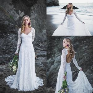 Moderne Boho Beach Manches Longues Full Lace Robes De Mariée Applique Dos Nu Robe De Mariée Bohème Robe De Mariée Vestidos De Novia Robe De Mari￩