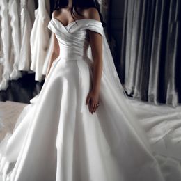 Robe de mariée élégante en satin blanc, ligne a, épaules dénudées, simple et longue, plis, jardin, plage, robe de mariage, 2023