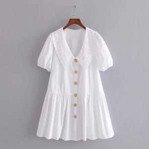 Mini vestido blanco elegante de algodón de un solo pecho de verano Vintage de manga corta ahueca hacia fuera lindos vestidos bonitos para niñas 210521