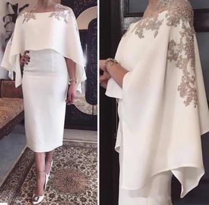 Elegante witte thee lengte moeder van de bruid jurken kant geappliceerd kralen bruiloft gast jurk met wrap party avond prom jassen