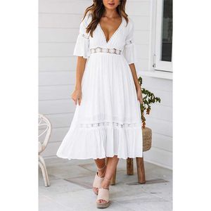 Élégant blanc femmes robe Sexy col en v dentelle Patchwork manches évasées rue haute longue Midi femme plage robes grande taille W528 210526