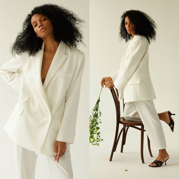 Elegante chaqueta blanca para mujer, trajes 2022, vestido de dama de honor, manga larga, doble botonadura, trajes de mujer, chaqueta de dos piezas, pantalones