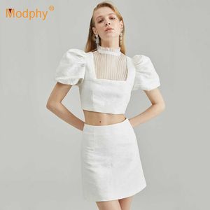 Elegante witte vrouwen set bubble korte mouwen top A-lijn mini rok 2 tweedelige mode vrouwelijke feestpak 210527
