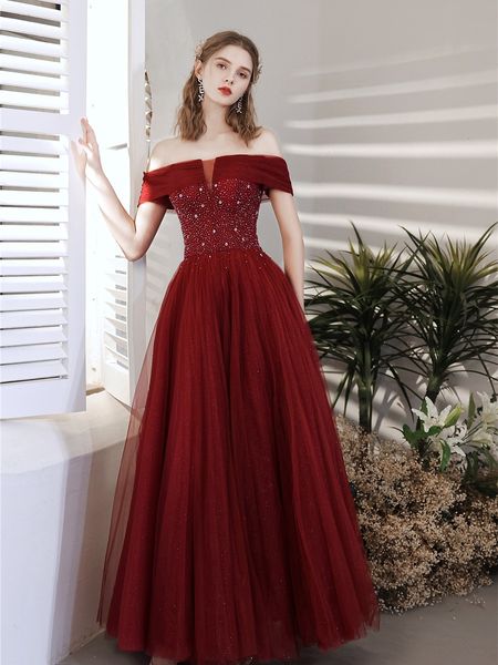 Elegante vestido de cóctel rojo vino fiesta de encaje Vintage cuello barco lentejuelas fuera del hombro novia celebridad una línea vestidos largos de noche 2023