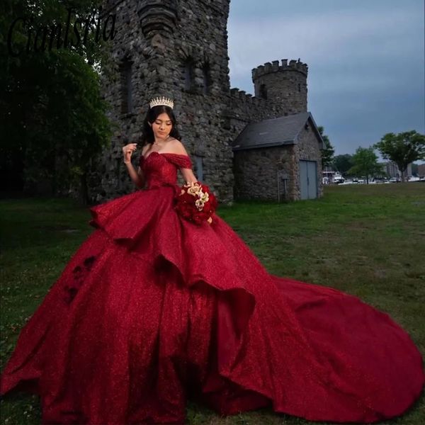 Elegante vino rojo vestidos De quinceañera fuera del hombro dulce 16 Vestido Vestido De 15 Anos vestidos De baile dulce 15 16