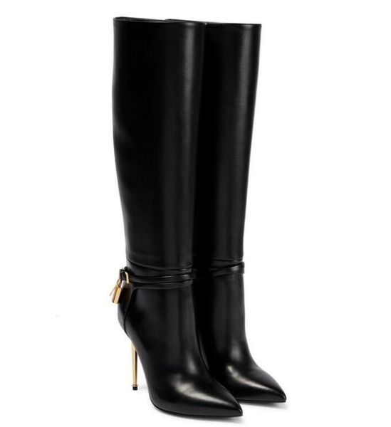 Bottes d'hiver élégantes en cuir de créateur en daim avec cadenas au genou noir gris marron en daim Slouchy femme couture bottillon embelli jouer mi-mollet bloc talon extensible