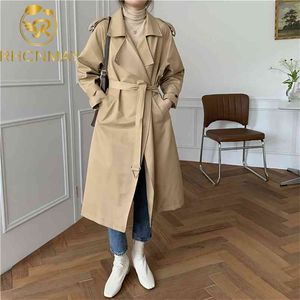 Élégant hiver long manteau femmes col rabattu Trench manteaux élégant ceintures surdimensionné femme coupe-vent 210506