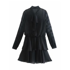 Femme élégante noir dentelle Patchwork robe transparente printemps mode dames volants Mini es femme Sexy mince 210515