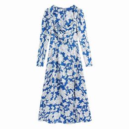 Elegante vrouw blauw print vierkante kraag satijn lange jurk lente mode dames zijdelings spleet es vrouwelijke patry 210515