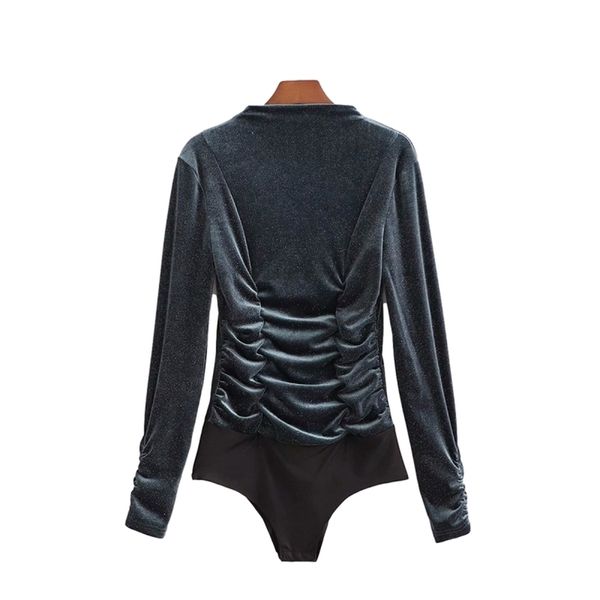 Femme élégante mince velours plis Bofysuits printemps mode dames brillant hauts femme Vintage col montant body 210515