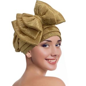 Elegante dames tulband cap met meerlaagse strik Afrikaanse klaar Gele Headtie Lady Headwrap Bonnet Gold Turbante Mujer 240301