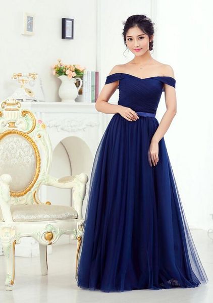 Vestidos elegantes de dama de honor para mujer, línea A, hombros descubiertos, tul, largo hasta el suelo, fiesta de boda, dama de Honor del vestido