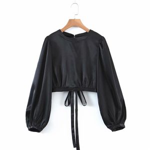 Elegante vrouwen Black Satin Shirts Fashion LadiesO-hals met korte Tops Streetwear Female Chic Hollow Out Backless Blouses 210.430