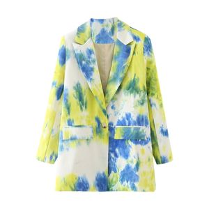 elegante vrouwen blazer office dames blauw en geel print jassen causale vrouwelijke zak slanke pakken meisjes chic sets 210430