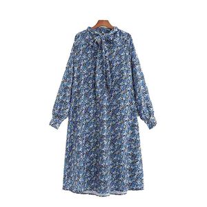 Elegante vrouwen blauwe bloemen print jurken mode dames boog kraag jurk vintage vrouwelijke straatkleding losse vestidos chic meisje 210427