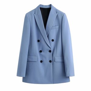 Femmes élégantes Bleu Col cranté Blazers Mode Dames Veste à double boutonnage Causal Femelle Chic Poche Manteaux 210527