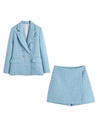 Femmes élégantes bleu Tweed Blazer manteau printemps veste ensemble taille haute Mini jupe shorts pour bureau dame tenues vêtements d'extérieur 240109