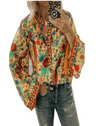 Femmes élégantes Boho lanterne chemise à manches longues lâche col en V chemises à fleurs hauts dames Hippie tunique Blouse chemise automne décontracté Tops1602622