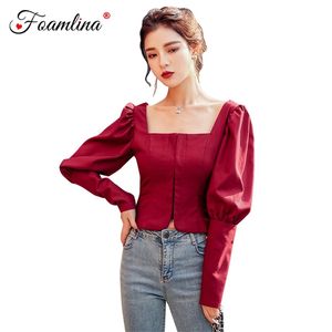 Elegante Dames Bordeaux Shirt Mode Lente Vierkante Hals Lange Bladerdeeg Mouw Casual Vrouwelijke Crop Top 210603