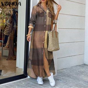 Elegante Vrouwen Button Lange Shirt DrSummer Split Print Revers Hals Party Drlong Mouw Maxi Strand DRCHECKED PLAID MOBE X0529