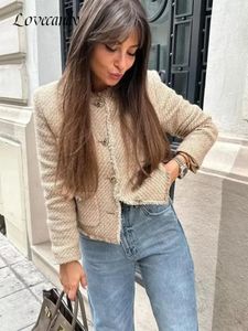 Elegante Vrouwen Kameel Tweed Jas Herfst Lange Mouw Knop Verzwakte Cropped Vrouwelijke Mode Oneck Pocket Korte Jassen 240326