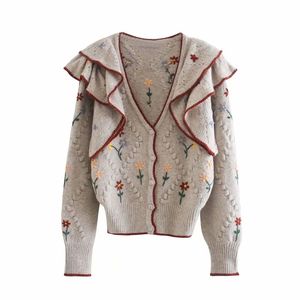Femmes élégantes en cascade volants pull mode dames broderie florale tricoté manteau Streetwear femme Chic rayé veste 210427