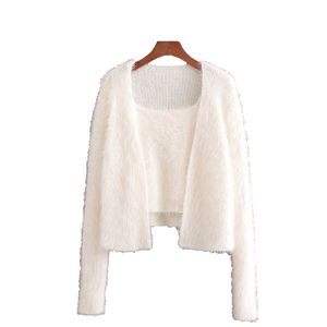 Femmes élégantes Chic Chic Deux Pièces Costume Mode Dames Pull Solide Tops Streetwear Femme Doux Doux Cardigan Tricoté 210430