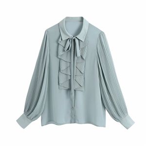 Femmes élégantes chemises en mousseline de soie mode dames drapé volants chemise douce femme arc col rabattu hauts filles Chic Blouse 210427