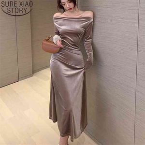 Femmes élégantes robe automne et hiver Simple solide café Slash cou es plissé chaud velours Slim Vestidos Long 12585 210506