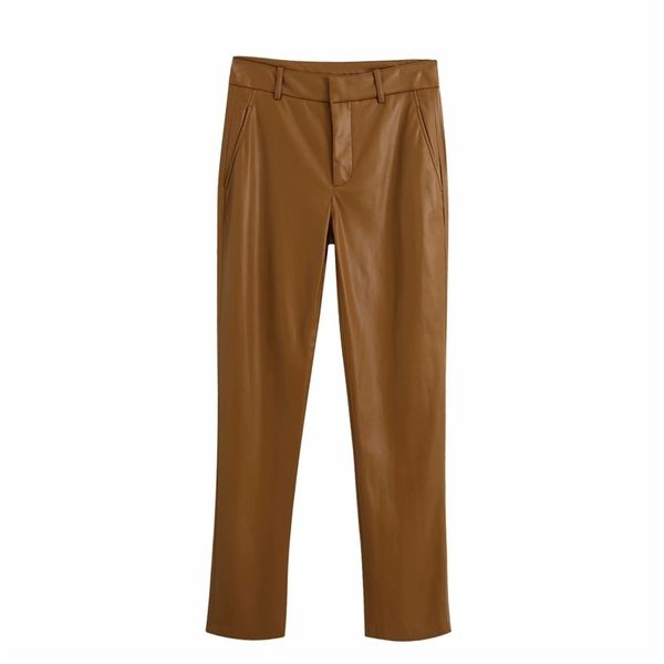 Pantalones elegantes de piel sintética para mujer, pantalones largos rectos a la moda para mujer, ropa de calle para mujer, pantalón elegante marrón para chica 210427